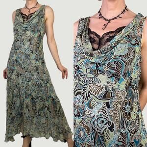 Vintage Y2K beaded 100% silk psychedelic floral fairy slip dress cowl neck 12‎